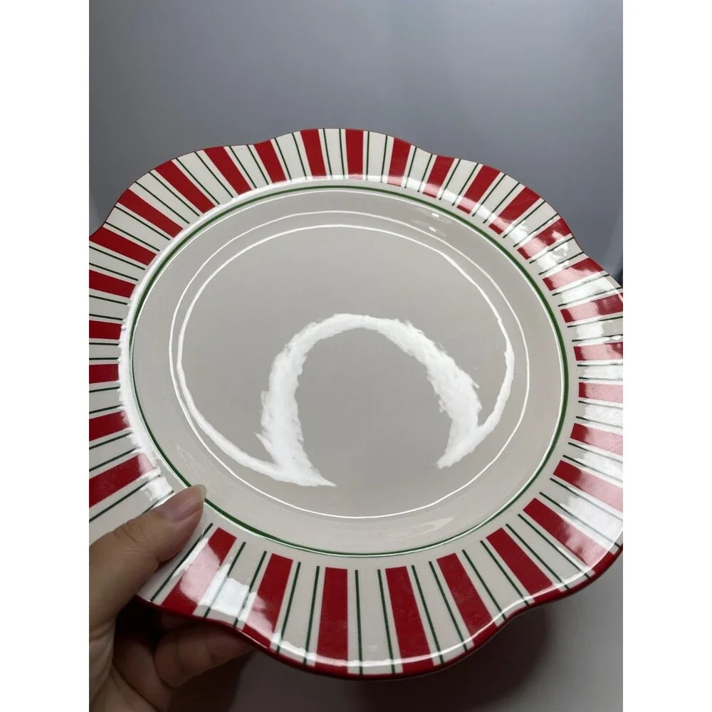 3 Pier 1 One Candy Cane 11” Dinner Plates Scalloped Edge Hand Painted Ironstone